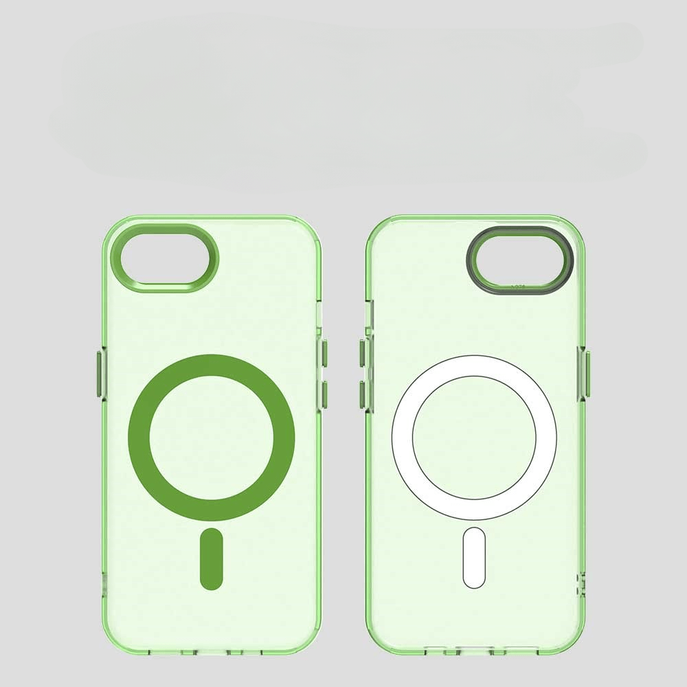 Zwei klargrüne Cover-Discount iPhone 16e - Schützende Acryl-Handyhülle mit Magnet, jeweils mit MagSafe-Ring - eins einfarbig grün, eins konturiert - perfekt für kabelloses Laden.