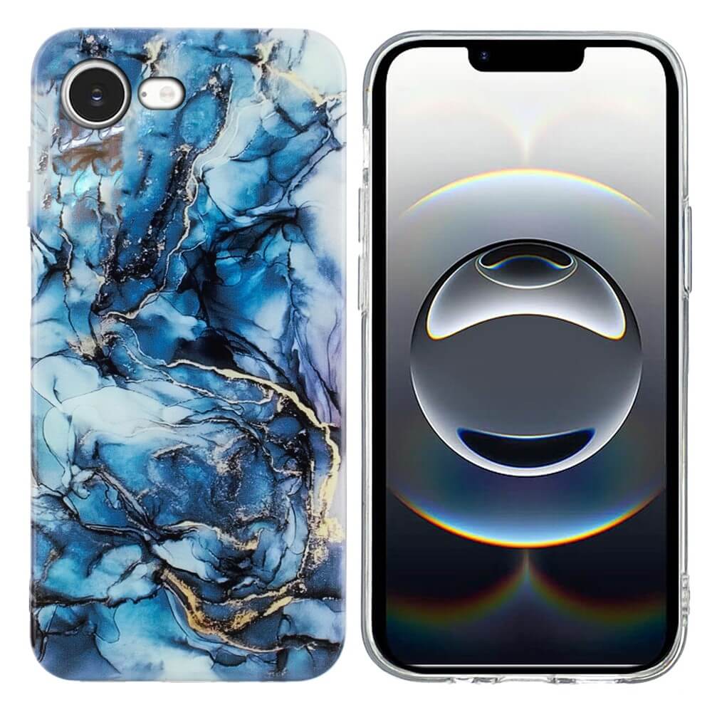 #farbe_blau|Zwei Smartphones: eines mit einer Cover-Discount iPhone 16e Silikon Hülle mit Marble Motiv in blau, das andere mit einem glänzenden abstrakten Hintergrundbild.