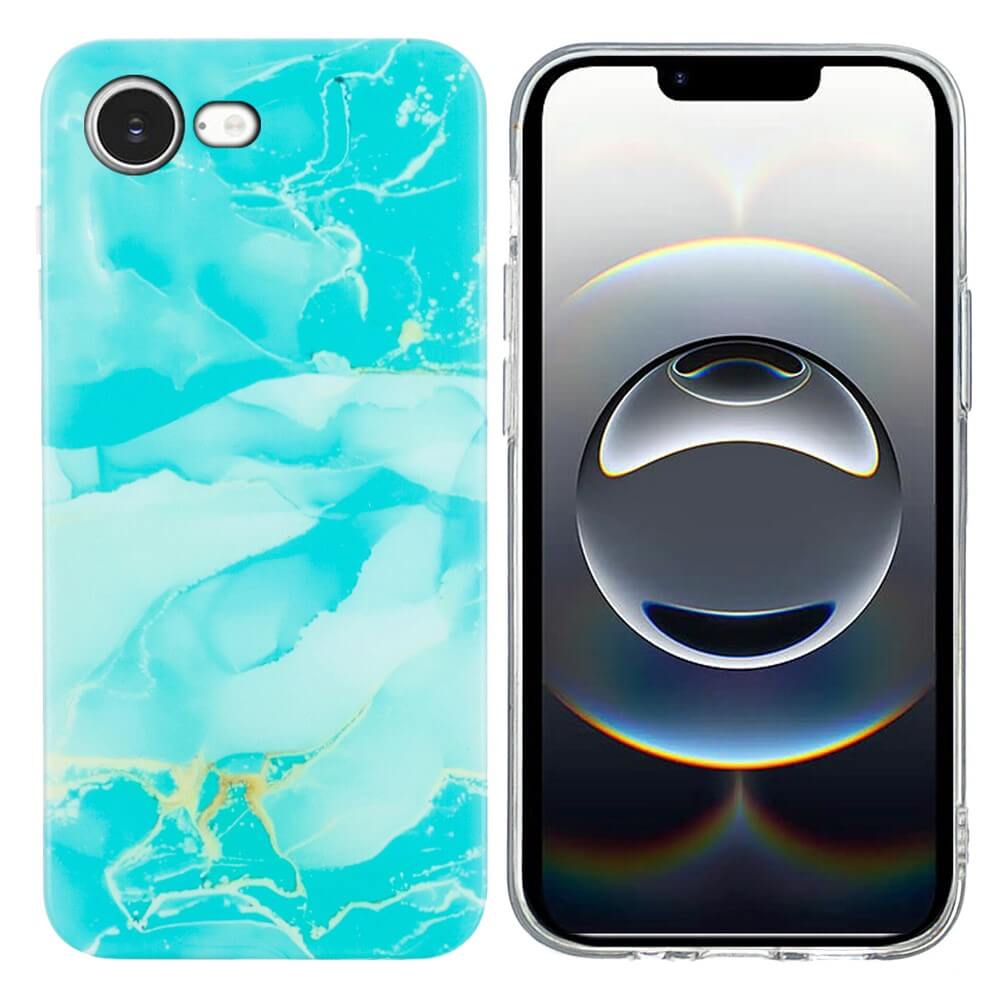 Zwei Smartphones: eines mit blauem Marmordesign Cover-Discount iPhone 16e Silikon Hülle mit Marble Motiv, das andere mit einer schwarz-silbernen abstrakten Tapete für stilvollen Schutz.