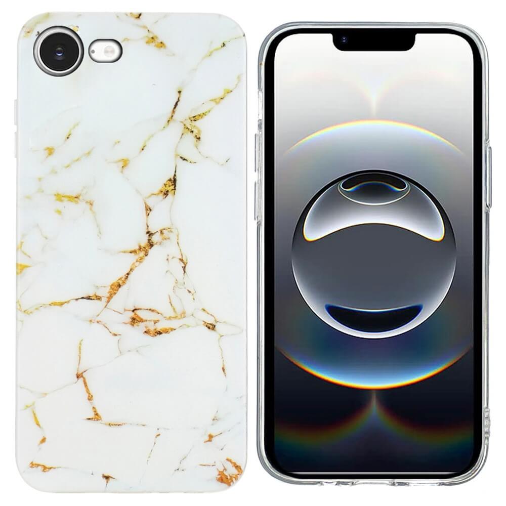 Zwei iPhones: eines mit der Cover-Discount iPhone 16e Silikon Hülle mit Marble Motiv für praktischen Schutz, das andere mit schwarzem Bildschirm und kreisförmigem Muster - so können Sie Ihren einzigartigen Stil hervorheben.