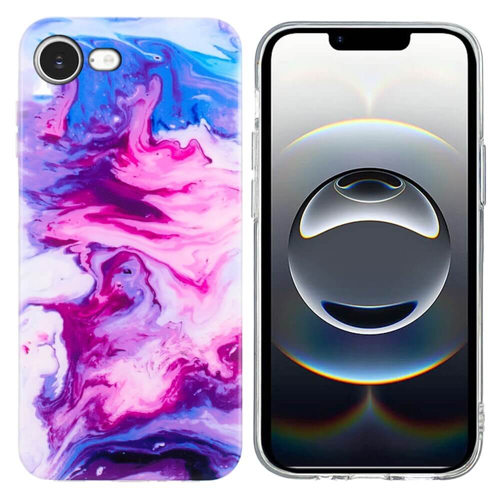 Zwei Smartphones: eines mit einer Cover-Discount iPhone 16e Silikonhülle mit rosa und blauem Marmormotiv, das andere mit einer klaren Schutz Handyhülle und schwarzem Bildschirm.