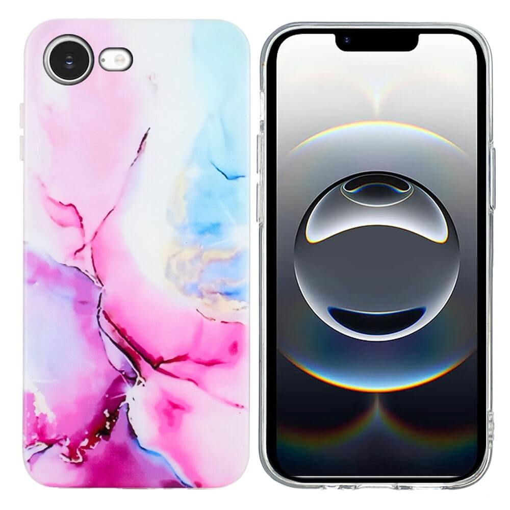 Zwei Smartphones: eines mit einer rosafarbenen Marble Motiv Silikon Hülle von Cover-Discount, das andere mit einer durchsichtigen iPhone 16e Hülle und einem dunklen abstrakten Hintergrundbild.