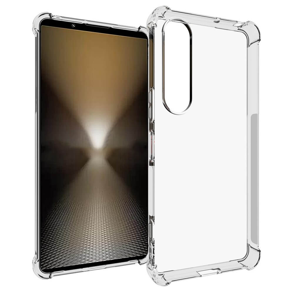 Neben einem Sony Xperia 1 VII mit dunklem, unscharfem Bildschirmmotiv liegt die transparente Drop Protection Silikon Case von Cover-Discount aus flexiblem TPU und bietet zusätzlichen Schutz.