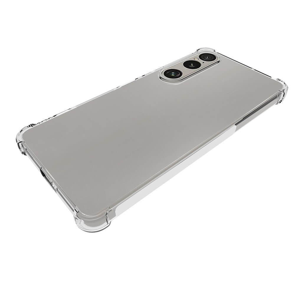 Die Cover-Discount Drop Protection Silikon Hülle für Sony Xperia 1 VII, aus transparentem TPU, schützt Ihr silbernes Smartphone mit Triple-Kamera und zeigt das Gerät von hinten und leicht von oben.