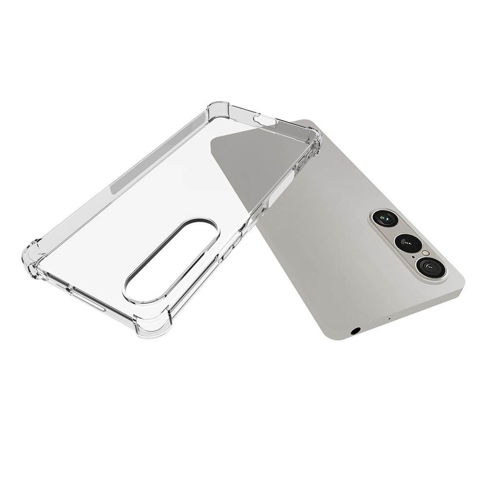 Die Cover-Discount Sony Xperia 1 VII Drop Protection Silikon Case aus weichem TPU schützt Ihr silbernes Smartphone mit Triple-Kamera stilvoll und sicher. Transparentes Design, präsentiert auf weißem Hintergrund.