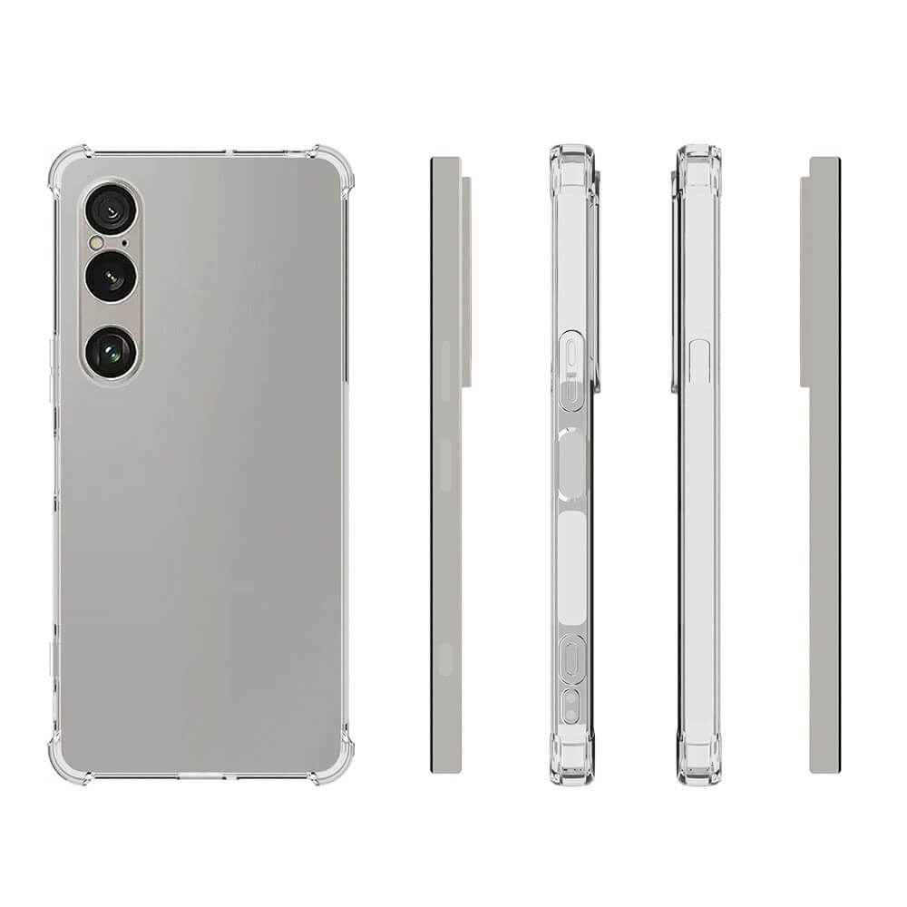 Die Cover-Discount Sony Xperia 1 VII Drop Protection Silikon Case aus klarem TPU schützt Ihr Gerät; Gezeigt auf silbernem Smartphone, von hinten und mehreren seitlichen Blickwinkeln, vor weißem Hintergrund.