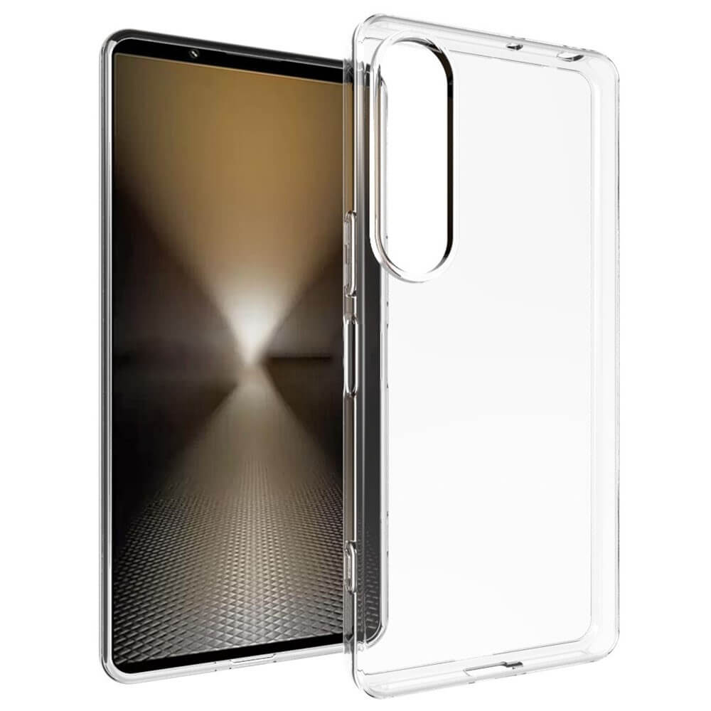Das transparente Cover-Discount Sony Xperia 1 VII – Silikon Gummi Case mit Antifingerprint-Schutz wird neben einem Sony Xperia 1 VII mit einem dunklen Farbverlaufs-Hintergrundbild angezeigt.
