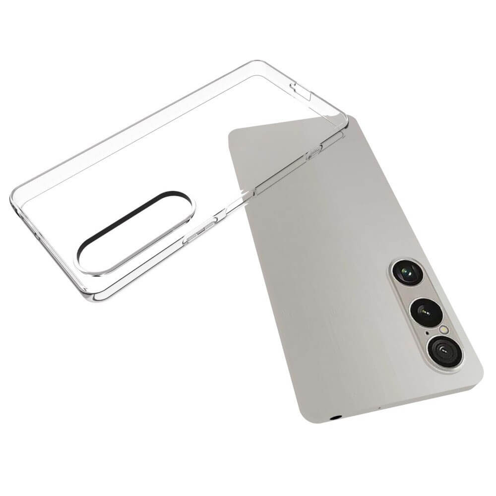 Das transparente Cover-Discount Sony Xperia 1 VII - Silikon Gummi Case verfügt über einen Anti-Fingerprint-Schutz und wird auf dem silbernen Smartphone mit dreifacher Rückkamera vor weißem Hintergrund angezeigt.
