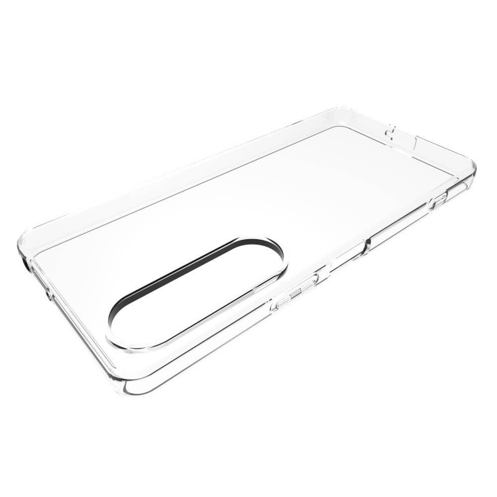 Das transparente Silikon Gummi Case von Cover-Discount für das Sony Xperia 1 VII verfügt über einen Anti-Fingerprint-Schutz und eine präzise Kameraaussparung, die schräg auf weißem Hintergrund dargestellt ist.
