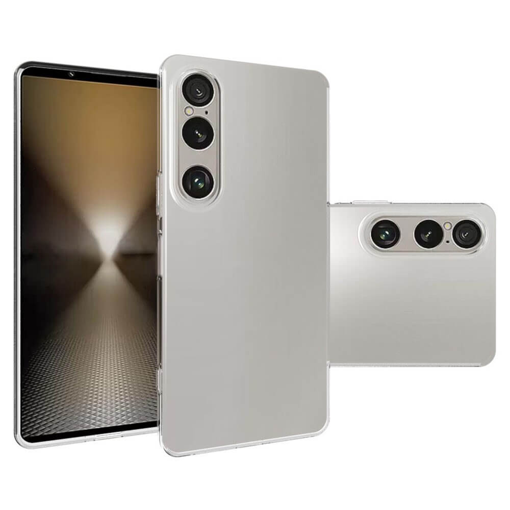 Das Bild zeigt zwei Sony Xperia 1 VII-Telefone, eines geöffnet und eines gefaltet, neben einem transparenten Cover-Discount-Silikongummi-Case mit drei Aussparungen für die Rückkamera und Antifingerprint-Schutz.