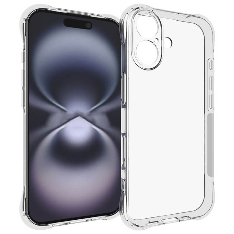 Das Cover-Discount iPhone 17 - Drop Protection Silikon Case, das neben einem Smartphone mit abstraktem Display abgebildet ist, bietet optimalen Schutz bei Stürzen, während der Stil Ihres Geräts dank des transparenten Designs sichtbar bleibt.