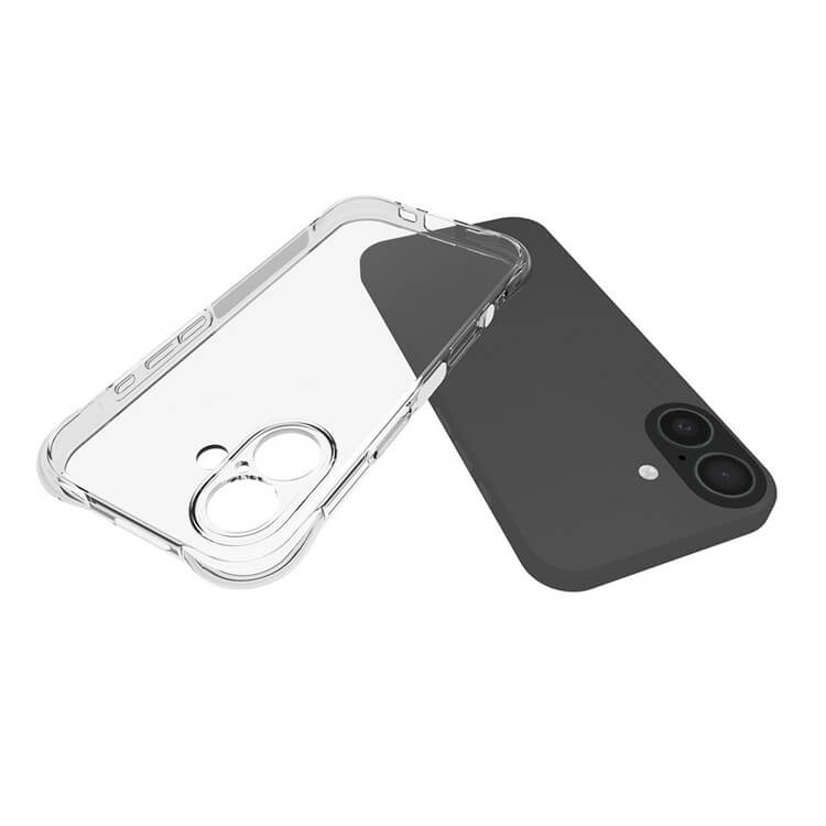 Ein Cover-Discount iPhone 17 - Drop Protection Silikon Case wird neben einem schwarzen Smartphone mit zwei rückwärtigen Kameras gezeigt und hebt das transparente Design und die Schutzfunktionen hervor.