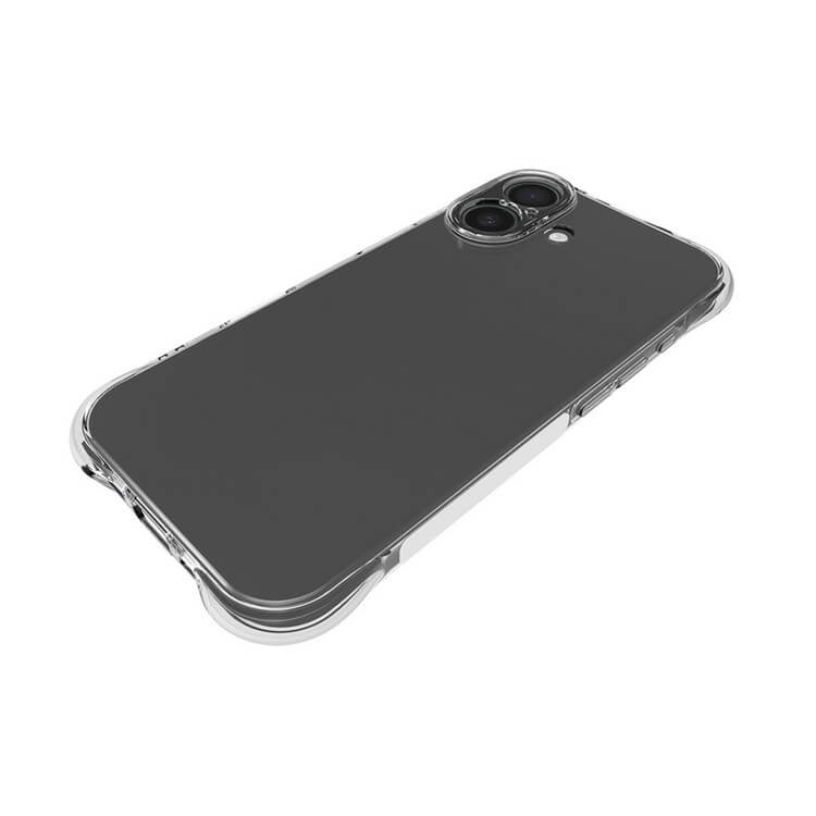 Das Cover-Discount iPhone 17 - Drop Protection Silikon Case ist eine transparente Hülle, die auf einem schwarzen Telefon mit zwei rückwärtigen Kameras vor einem weißen Hintergrund abgebildet ist und zuverlässigen Fallschutz bietet.