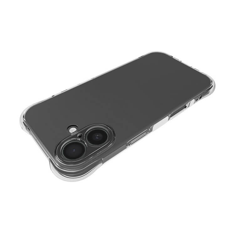 Das Cover-Discount iPhone 17 - Drop Protection Silikon Case ist eine klare, transparente Hülle, die die Dual-Kameras und die seitlichen Tasten Ihres Telefons auf einer weißen Oberfläche zur Geltung bringt und eleganten Stil mit Fallschutz bietet.