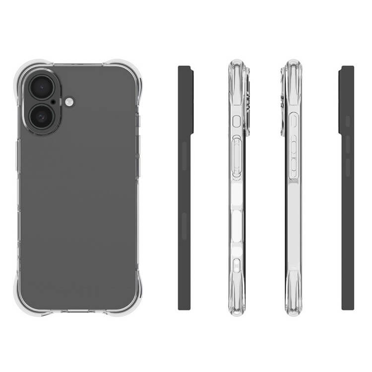 Das Cover-Discount iPhone 17 - Drop Protection Silikon Case wird von hinten, von vorne und von der Seite gezeigt, wobei das transparente Design, die Stoßfängerecken und die präzisen Tastenaussparungen für einen perfekten Sitz hervorgehoben werden.