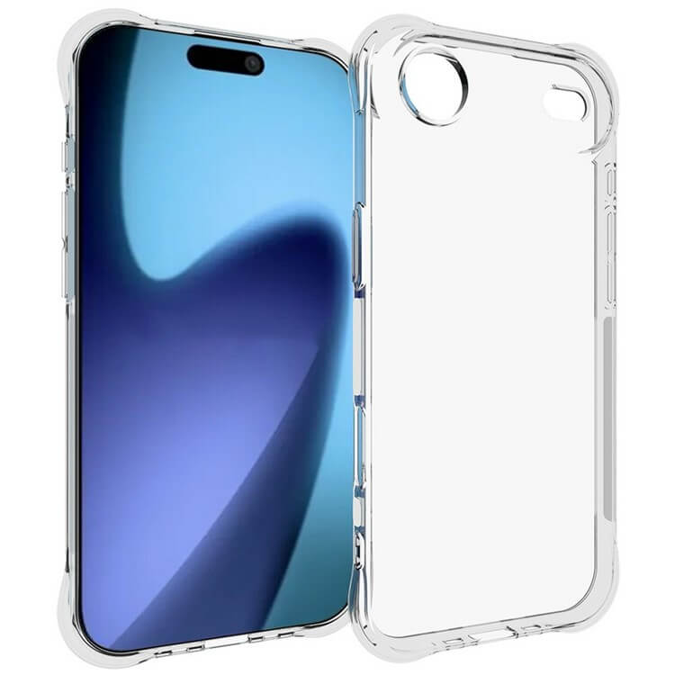 Das Cover-Discount iPhone 17 Air - Drop Protection Silikon Case aus transparentem TPU wird neben einem Smartphone mit einem blauen und schwarzen abstrakten Hintergrundbild gezeigt, das das schlanke Design und den dauerhaften Schutz unterstreicht.