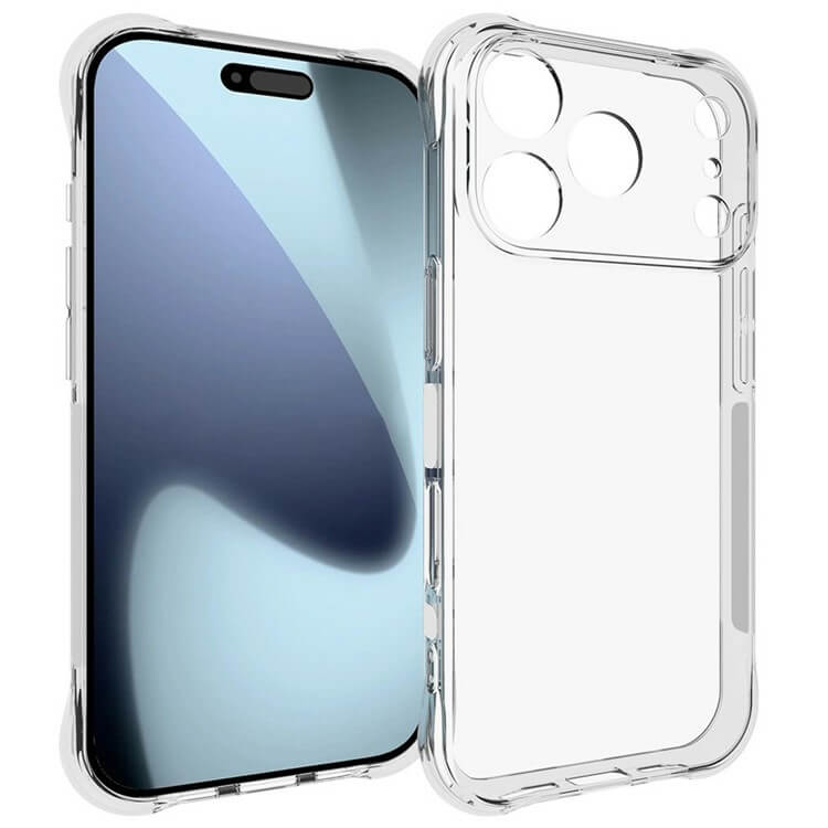 Das Cover-Discount iPhone 17 Pro - Drop Protection Silikon Case zeigt sich klar und transparent neben einem Smartphone mit reflektierendem Display, beide nach vorne gerichtet, und präsentiert das schlanke Design und den robusten Fallschutz.