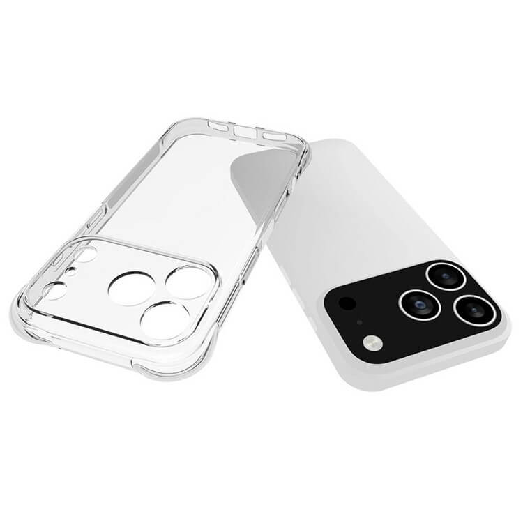 Das Cover-Discount iPhone 17 Pro - Drop Protection Silikon Case ist eine klare, transparente Hülle, die zu Ihrem weißen Smartphone mit schwarzer Dual-Kamera passt und zuverlässigen Fallschutz für Ihr Gerät bietet.