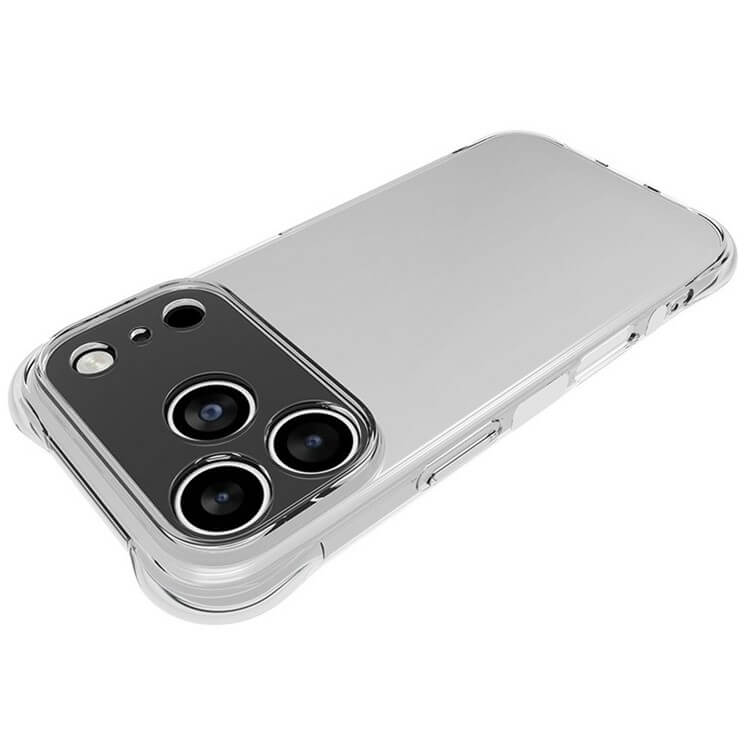 Das Cover-Discount iPhone 17 Pro - Drop Protection Silikon Case ist eine transparente Handyhülle, die auf einem Smartphone mit drei rückseitigen Kameras abgebildet ist und Stil und dauerhaften Fallschutz in einem schlanken Design vereint.