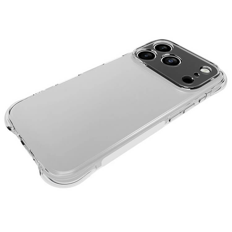Das Cover-Discount iPhone 17 Pro - Drop Protection Silikon Case bietet stilvolle Klarheit und zuverlässigen Fallschutz für Ihr Telefon mit drei rückwärtigen Kameras, von der Rückseite in einem leichten Winkel gezeigt.