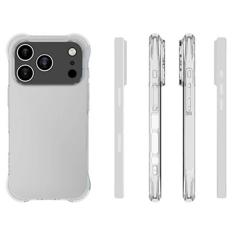Das Cover-Discount iPhone 17 Pro - Drop Protection Silikon Case wird von der Rückseite und den Seiten gezeigt, wobei die Aussparungen für die Kamera und die Platzierung der Tasten hervorgehoben werden. Diese transparente Hülle bietet zuverlässigen Fallschutz mit einer präzisen Silikonpassform.