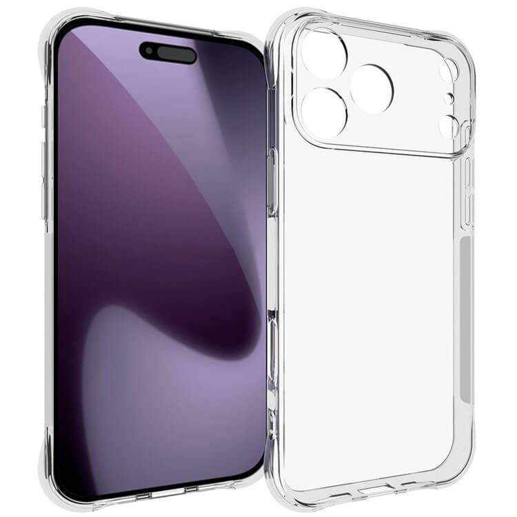 Das Cover-Discount iPhone 17 Pro Max - Drop Protection Silikon Case, abgebildet neben einem Smartphone mit lilafarbenem Bildschirm, ist eine transparente Hülle, die eleganten Stil mit zuverlässiger Haltbarkeit verbindet.