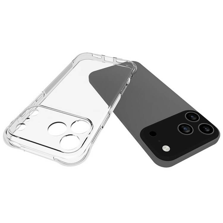 Die transparente Cover-Discount Drop Protection Silikon Case für das iPhone 17 Pro Max schützt Ihr Dual-Kamera-Smartphone stilvoll und zuverlässig - perfekter Schutz auf weißem Hintergrund.
