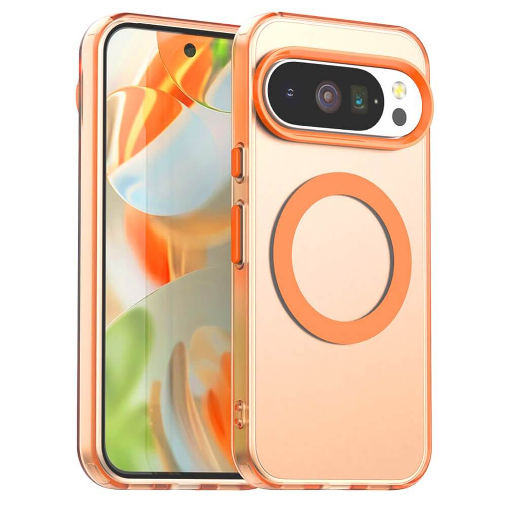 #farbe_okrange|Smartphone mit randlosem Bildschirm und transparenter Schutzhülle mit orangefarbenen Akzenten.