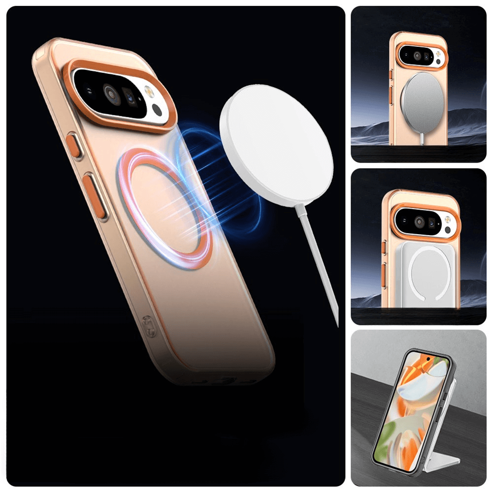 #farbe_orange|Rosenvergoldete Handyhülle mit MagSafe-Kompatibilität, zeigt kabelloses Laden und Zubehör vor dunklem Hintergrund.