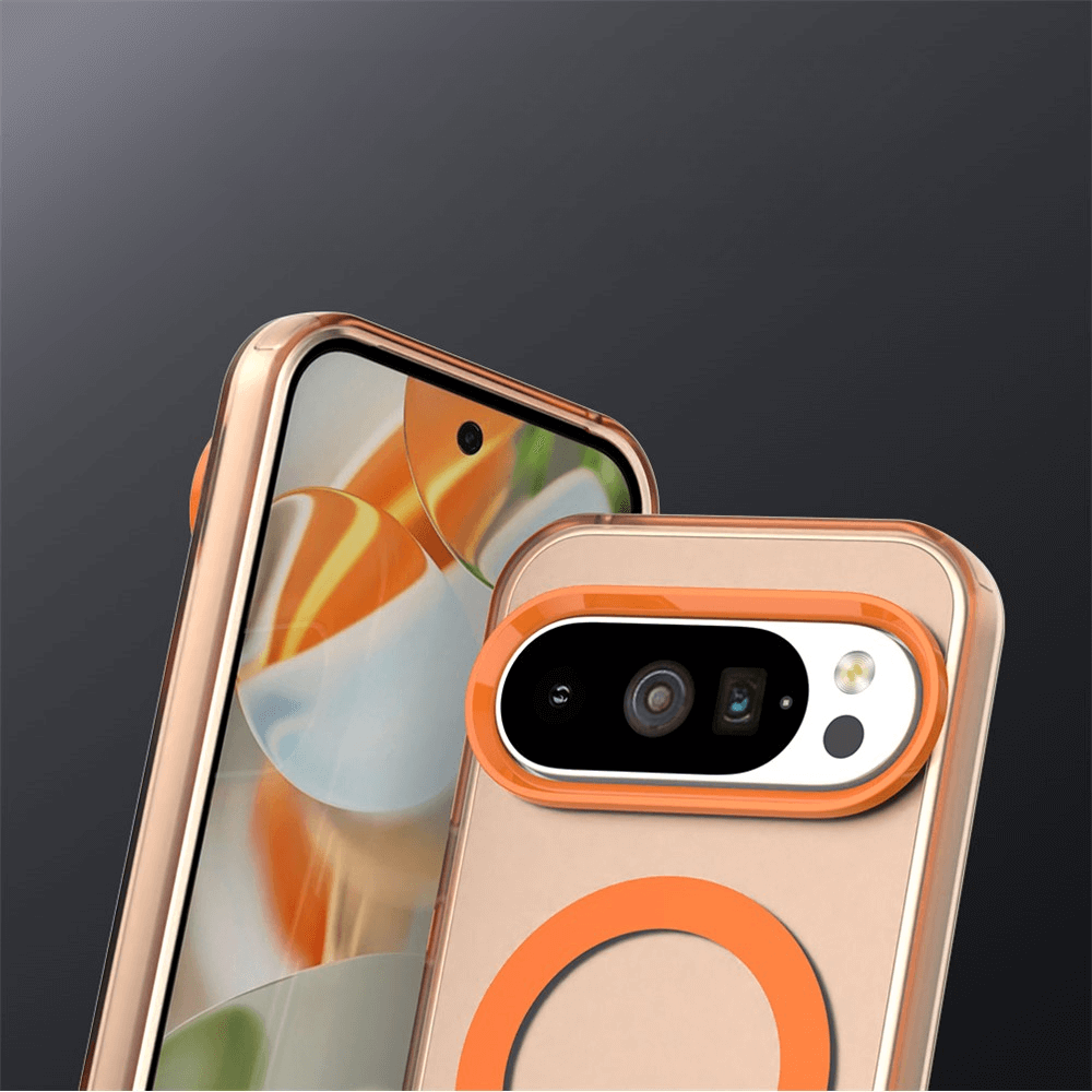 Zwei Smartphones in transparenten Hüllen mit orangefarbenen Akzenten, Vorder- und Rückseite sichtbar.