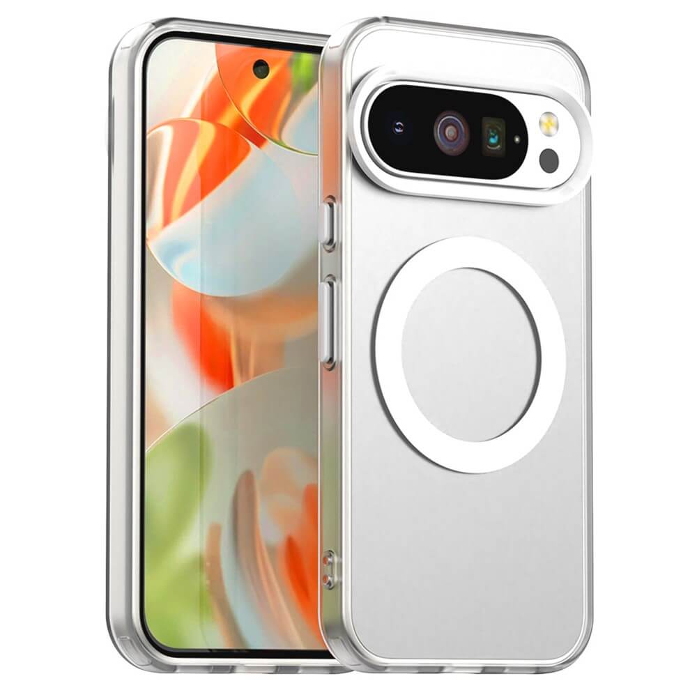 Modernes Smartphone mit abstraktem Hintergrund, klarer Schutzhülle und weißem Magnetring für Befestigung.