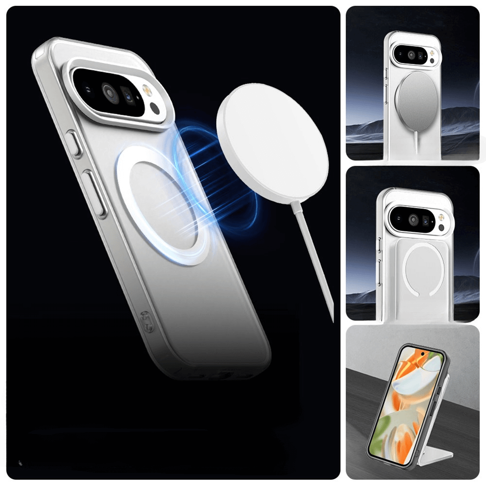 Silberne Smartphone-Hülle mit magnetischem kabellosem Ladebereich und Faltständer, ideal für kompatible Ladegeräte.
