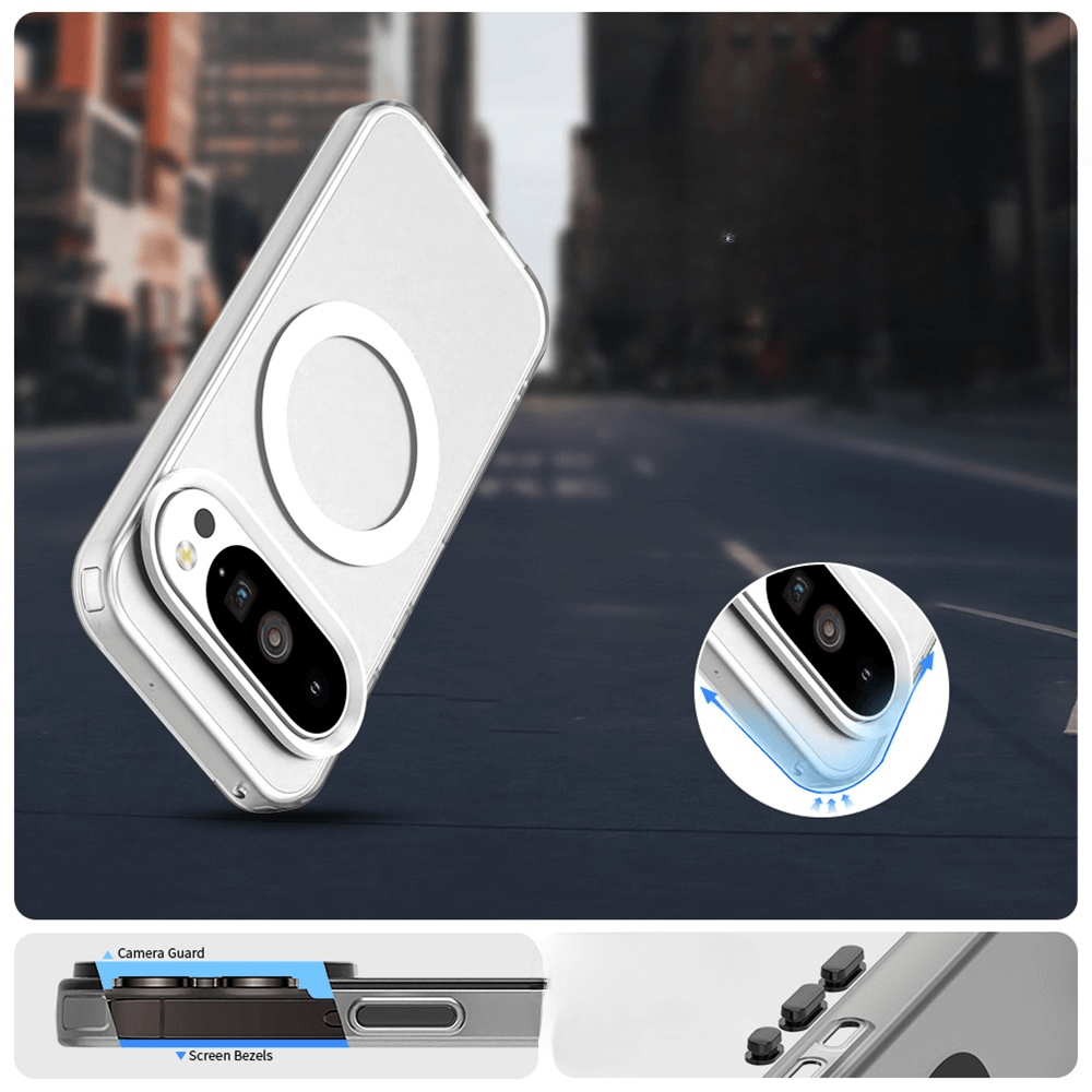 Transparente Smartphone-Hülle mit erhöhtem Kameraschutz, magnetischem Ring und verstärktem Displayschutz.