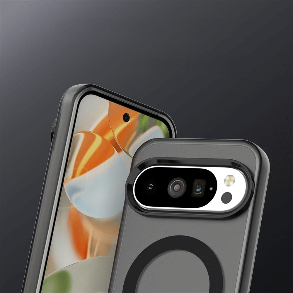 Zwei moderne Smartphones, eines mit farbigem abstraktem Hintergrund, das andere mit grauem Schutzgehäuse.