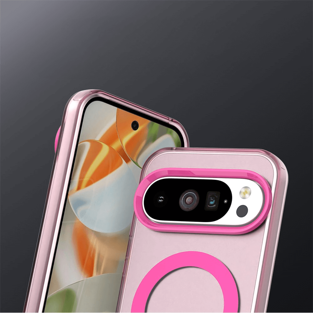 Modernes pinkfarbenes Smartphone mit Dreifachkamera und abstraktem Hintergrund auf dem Display