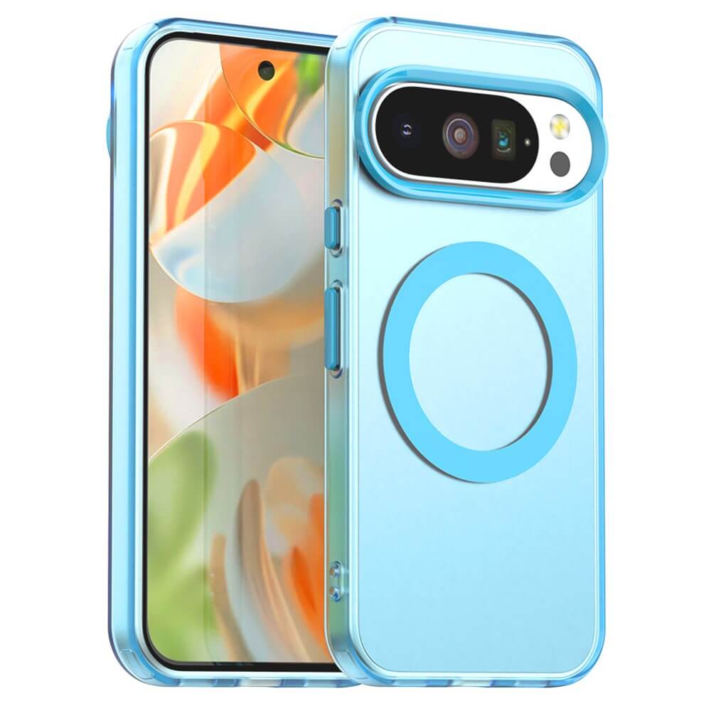 Moderne blaue Smartphone-Schutzhülle mit magnetischem Ring vor abstraktem, farbigem Hintergrund.