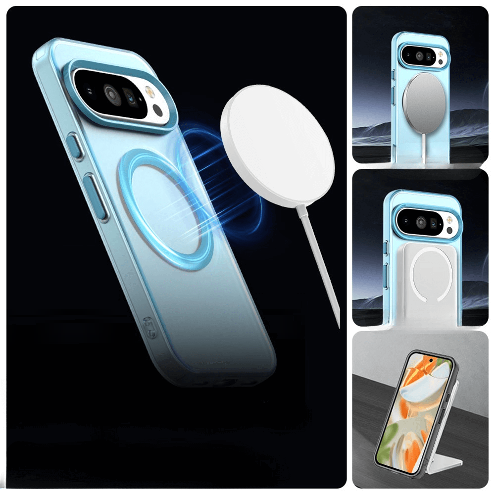 Blaue Smartphone-Hülle mit integriertem MagSafe-Ring, magnetisch an weißem Ladegerät befestigt