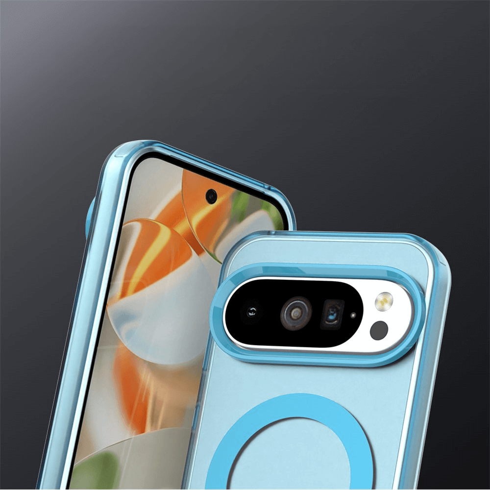 Zwei Smartphones mit blauen ITFRAG MagSafe-kompatiblen Schutzhüllen, Vorder- und Rückansicht, dreifache Kamera.