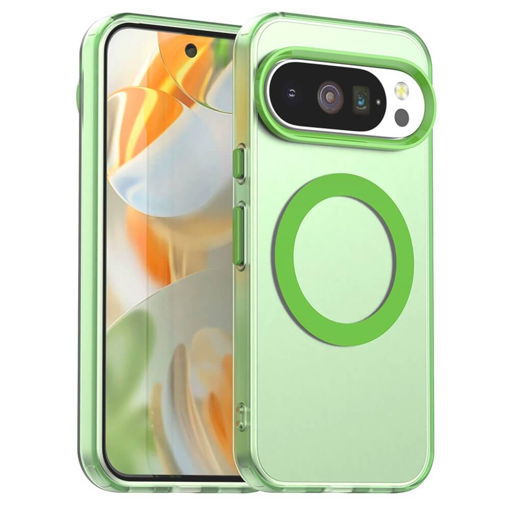 Modernes Smartphone mit grünem Schutzcase, grünem Kreis und Kameraabdeckung in Grün und Schwarz.