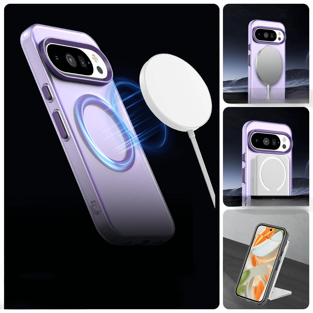 Lila Smartphone-Hülle und kabellose Ladegeräte, inklusive magnetischem Ladepad, für elegantes mobiles Laden.