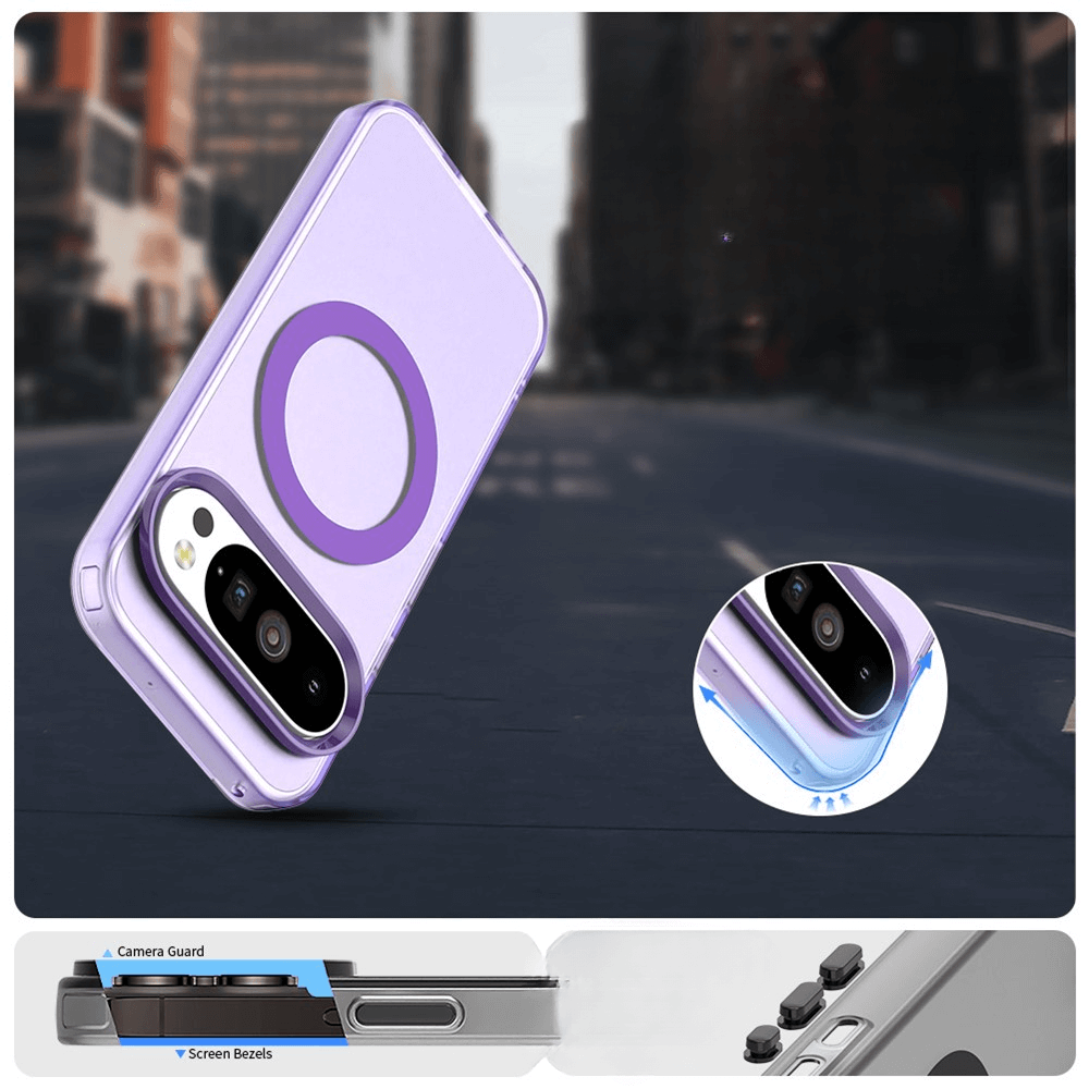 Lila Smartphone-Hülle mit magnetischem Ring und erhöhten Kanten zum Schutz, urbaner Hintergrund.
