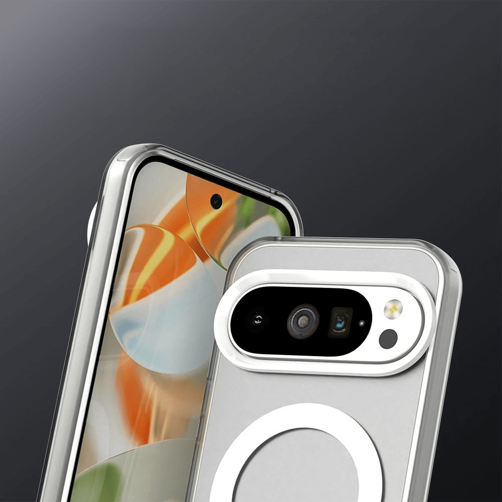 #farbe_weiss|Die Cover-Discount Google Pixel 10 Pro XL Acryl-Handyhülle mit Magnet und Farbakzent präsentiert Display und Kamera in einer silbernen Hülle, unterstützt kabelloses Laden und überzeugt vor dunklem Hintergrund.