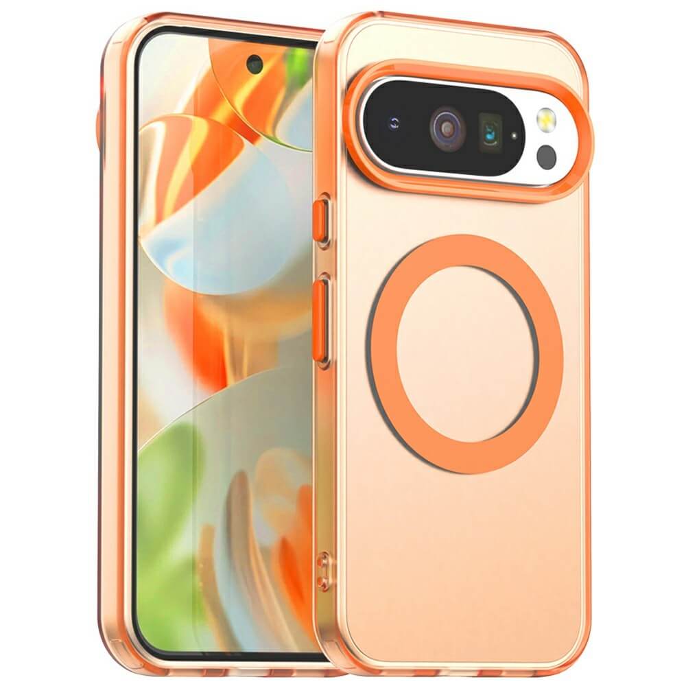 Die Google Pixel 10 Pro XL - Acryl-Handyhülle mit Magnet und Farbakzent von Cover-Discount ist kabellosem Laden dank MagSafe-Ring kompatibel. Sie wird auf einem Pixel mit buntem Display und rückseitigen Kameras präsentiert.