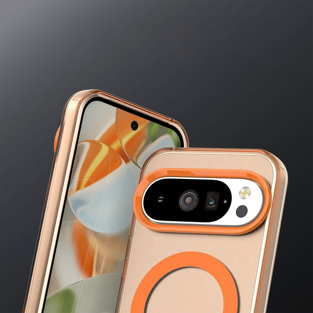 Zwei moderne Smartphones in Roségold mit orangefarbenen Akzenten, eines zeigt einen abstrakten Bildschirm.