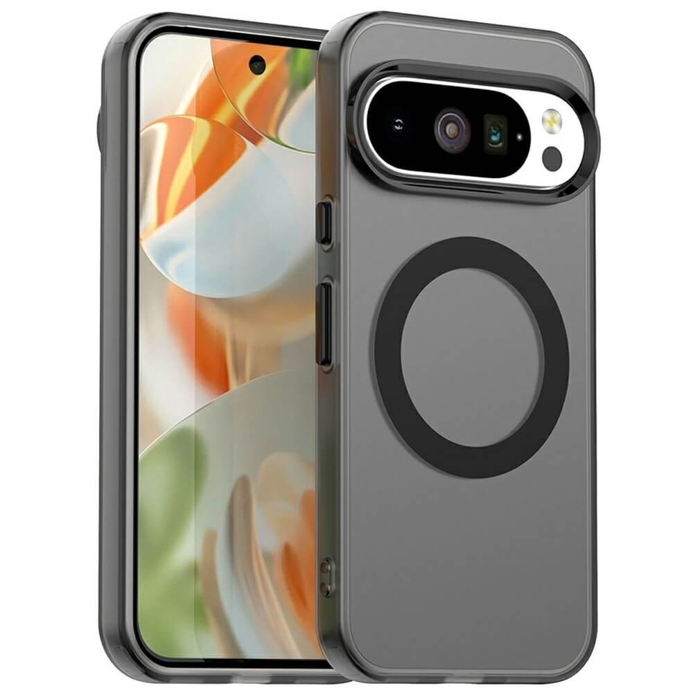 Modernes Smartphone mit großem Bildschirm, abstrakten Mustern, grauer Schutzhülle und Magnetring.