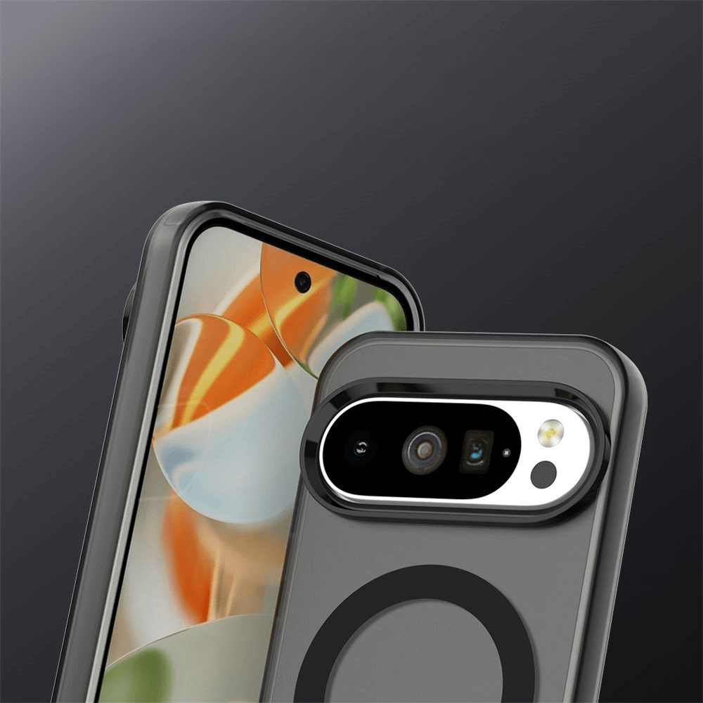 Zwei moderne Smartphones Rücken an Rücken mit abstraktem Wallpaper und Dreifachkamera auf dunkelgrauem Hintergrund.