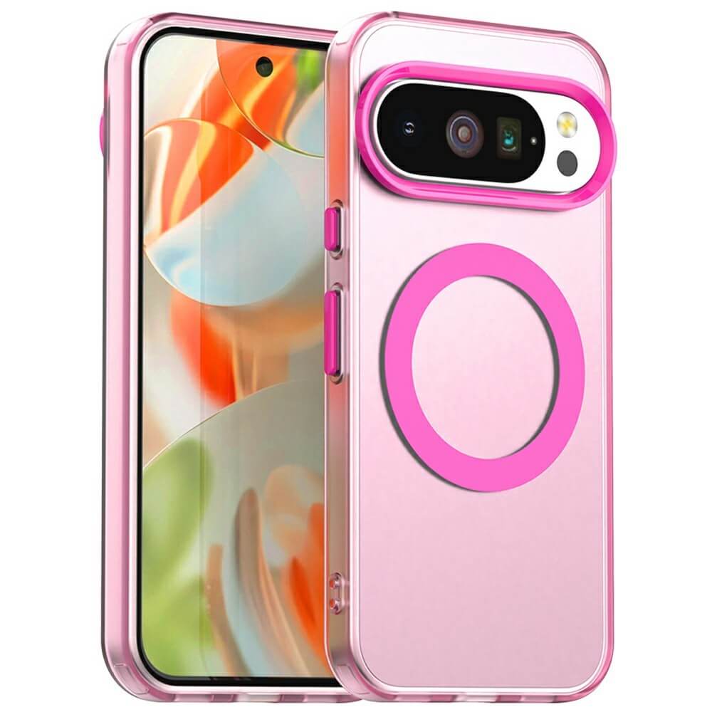 Die Cover-Discount Google Pixel 10 Pro XL Acryl-Handyhülle mit Magnet und Farbakzent in Pink/Clear verfügt über einen kreisförmigen MagSafe-Ring auf der Rückseite zum kabellosen Aufladen, hier an einem Smartphone angebracht.