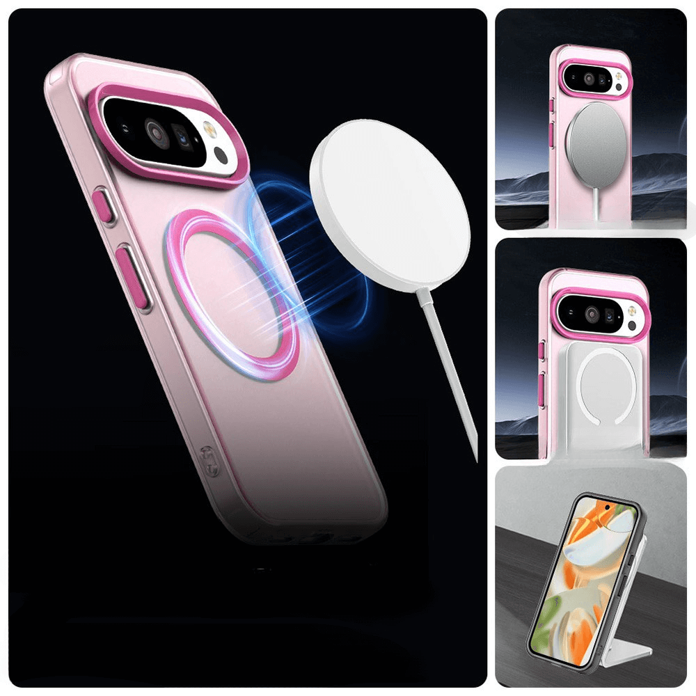 Magenta Smartphone-Hülle mit magnetischem Lade-Ring vor dunklem Bergpanorama, kompatibel mit kabellosen Ladegeräten.
