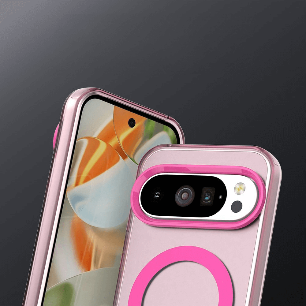 Smartphone in rosafarbener Metallhülle mit Kameraabdeckung und farbigem Display, elegant und schützend.
