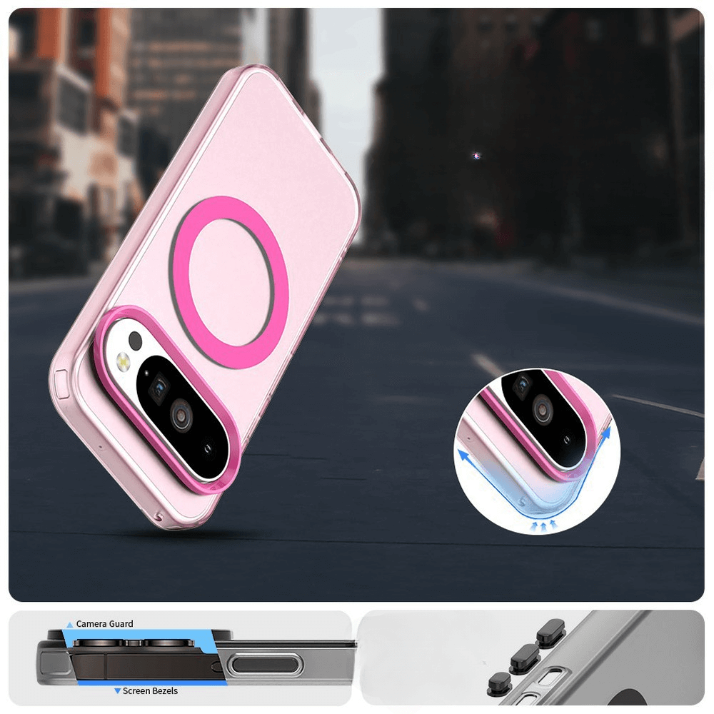 Die Cover-Discount Google Pixel 10 Pro XL - Acryl-Handyhülle mit Magnet und Farbakzent in Pink verfügt über Kamera-Schutz, erhöhte Displayränder und unterstützt kabelloses Laden-perfekt inszeniert vor urbanem Hintergrund.